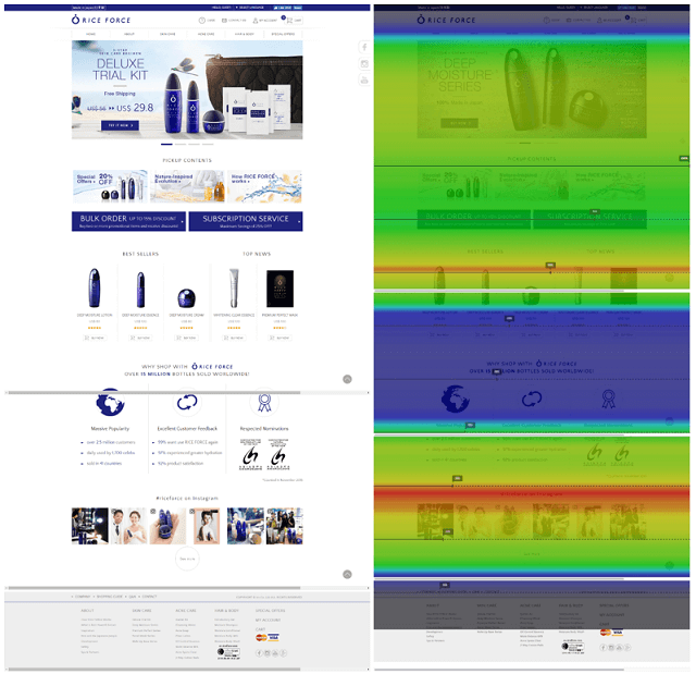 「ライスフォース」の海外向けECサイト（左）と同ページのヒートマップ（右）